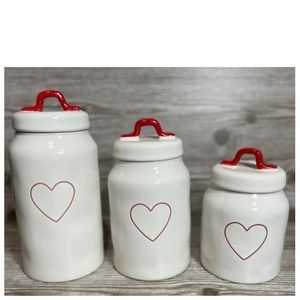 NEW Rae Dunn Valentine’s Day Heart Canister Set Of 3 With Red Handle